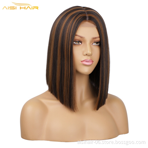 Aisi Wholesale Straight Bob Fiber Hair Wigs For Women Ombre Color Full Machine Made Heat Resistant Wig Synthetic Hair Wig